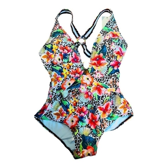 Liora Floral Print Deep V Neck Ring Front and Back One Piece Swimsuit NWT - Picture 3 of 6